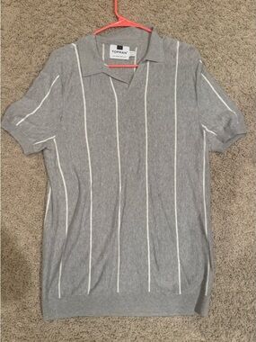 Topman Grey Knit Polo with White Vertical Stripes